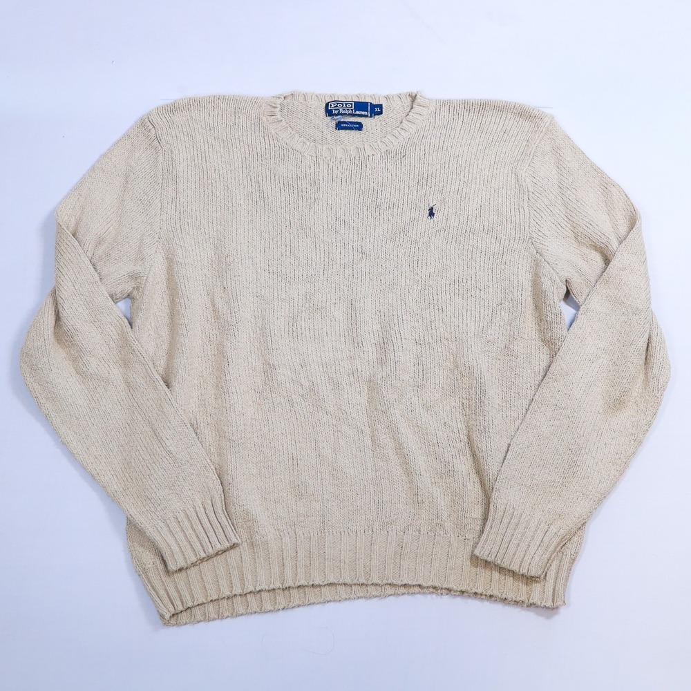 Polo Ralph Lauren Sweater Mens XL Beige Cotton Chunky Knit Crewneck Pony Vintage
